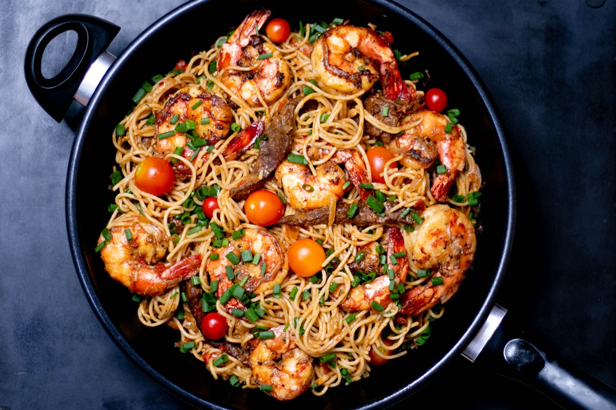 Skillet of orzo with shrimp, herbs, and lemon
